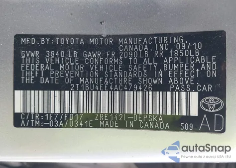 2010 Toyota Corolla S from USA, damaged, VIN 2T1BU4EE4AC479426